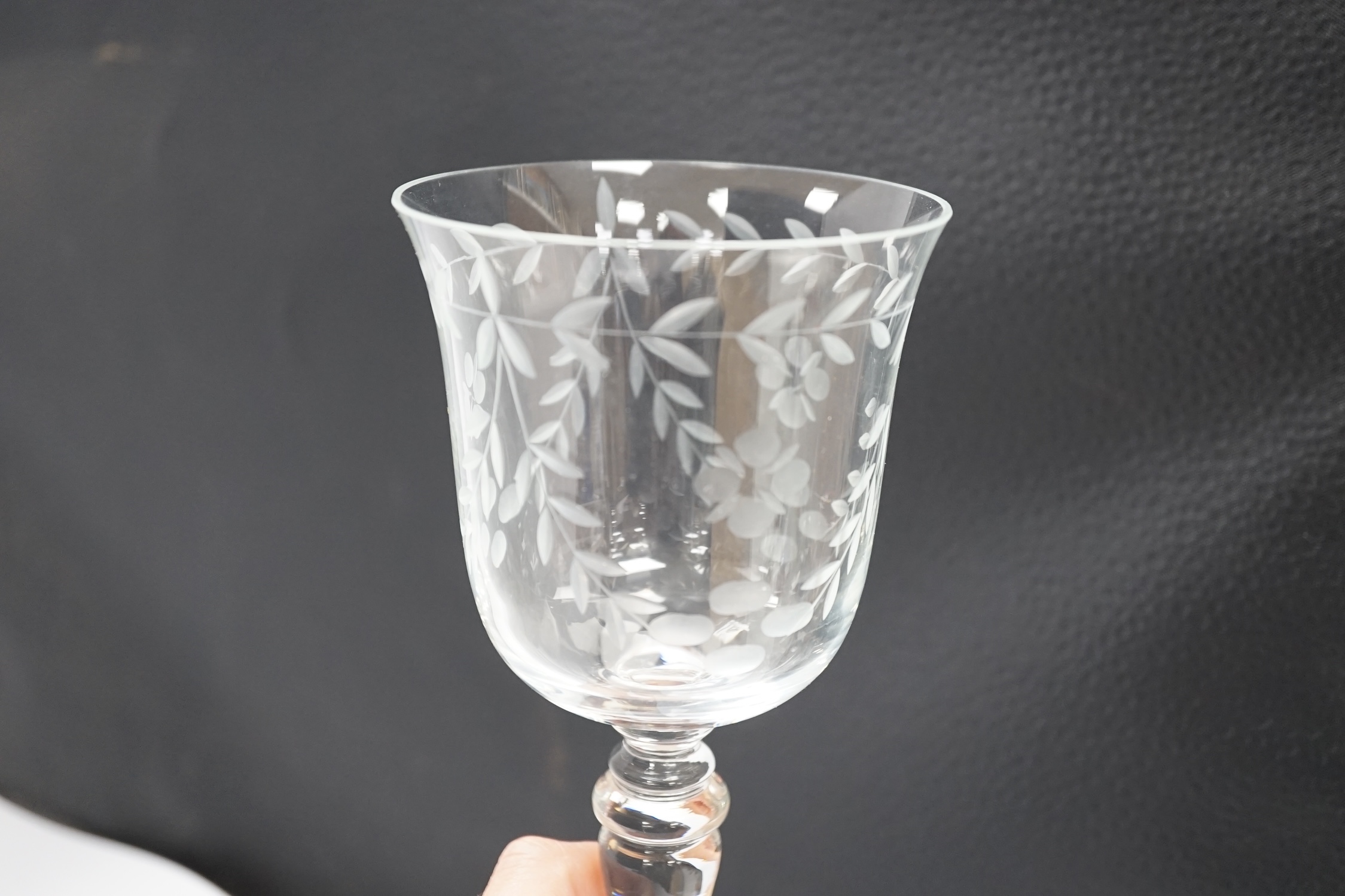 A set of six etched wine glasses, 20.5cm. Condition - good